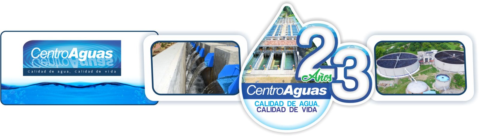 Diseño con dos imágenes de la empresa y el logo de los 23 años 