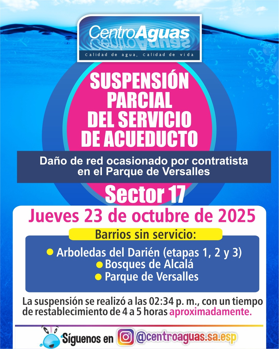 Suspensión parcial del servicio de acueducto del sector 17