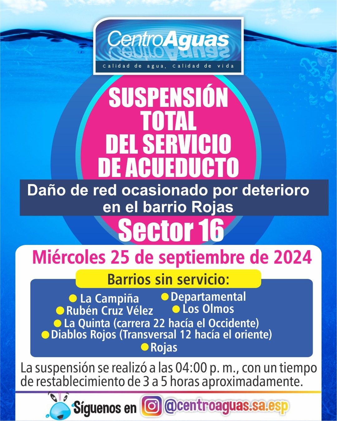 Suspensión total del servicio de acueducto del sector 16