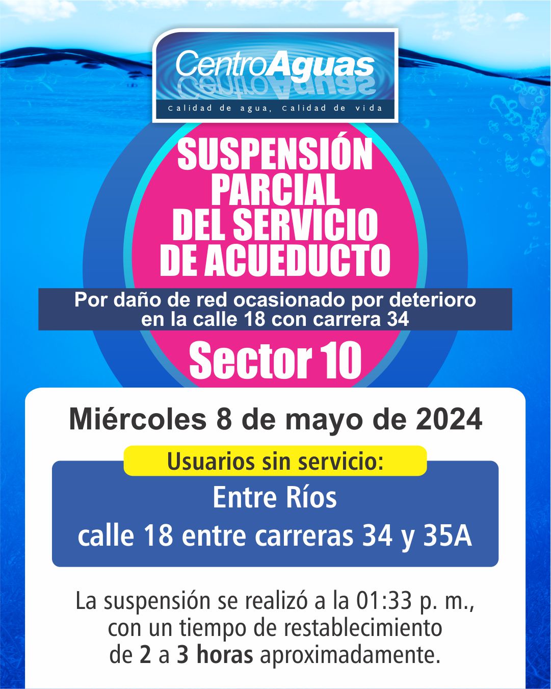 Suspensión parcial del servicio de acueducto en el sector 10