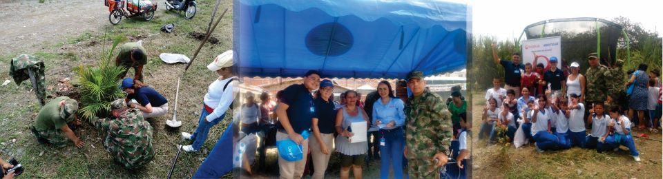 personal de la empresa realizando la siembra de plantulas, entregando premios a usuarios y compartiendo con la comunidad, entregando el parque en asoagrin , la santa cruz Tres fotografías donde se ve a personal de la empresa realizando la siembra de plantulas, entregando premios a usuarios y compartiendo con la comunidad