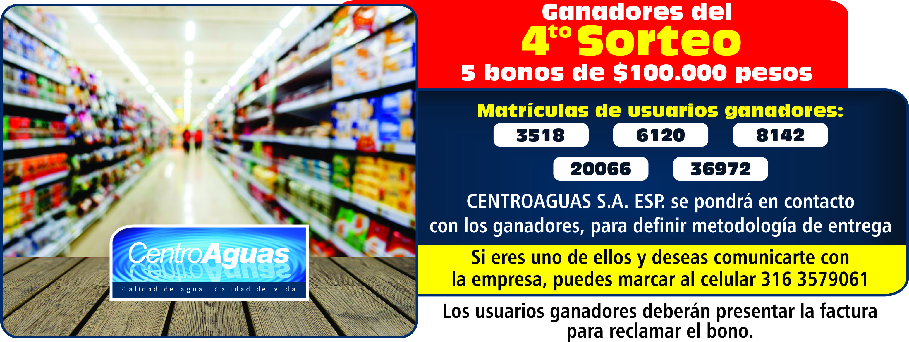 Imagen representativa informando el número de las matrículas que ganaron bonos de $100.000 en el cuarto sorteo